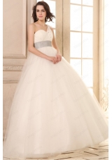 Ball Gown One Shoulder Beaded Decorate Waist Tulle Wedding Dress