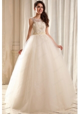 Bateau Ball Gown Beading and Appliques Wedding Dress with Floor Length