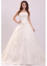 Luxurious Strapless A Line Embroidery Chapel Train Wedding Dress