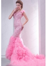 Pink Mermaid V Neck Chapel Train Wedding Dress with Beading
