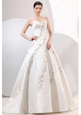 A Line Straps Embroidery Satin Wedding Dress with Zipper Up