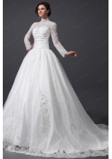 A Line High Neck Organza Wedding Dress with Chapel Train with Appliques