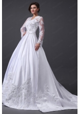 A Line V Neck Appliques 2015 Wedding Dress with Long Sleeves