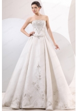 Strapless A Line Embroidery and Beading Wedding Dress with Chapel Train