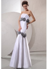 Column Strapless Floor Length Wedding Dress with Gray Hand Made Flowers
