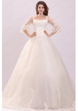 A Line Strapless Appliques Wedding Dress with 3/4 Length Sleeves