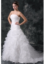 A Line Strapless Organza Wedding Dress with Flower and Ruffles Layered