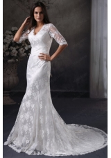 Column V Neck Open Back Lace Wedding Dress with Court Train
