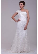 Column One Shoulder Lace Paillette Wedding Dress with Side Zipper