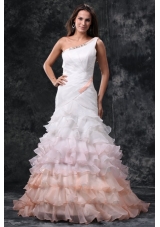 Elegant One Shoulder A Line Ruffles Brush Train Organza Wedding Dress