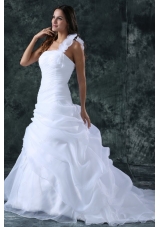 Elegant A Line Organza Brush Train Zipper Up Wedding Dress with Ruching
