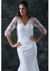 Column V Neck Brush Train Appliques Lace Wedding Dress with Half Sleeves