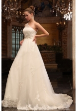 A Line One Shoulder Appliques Tulle Wedding Dress with Side Zipper