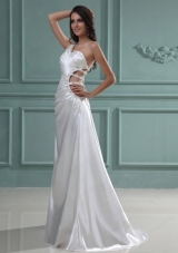 Column One Shoulder Floor Length Beading Wedding Dress with Side Zipper
