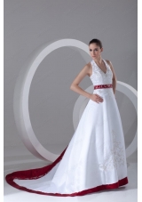 A Line Halter Embroidery Lace Up Wedding Dress with Satin Chapel Train