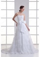 A Line Sweetheart Sash Lace Court Train Wedding Dress