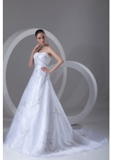 A Line Strapless Embroidery and Beading Court Train Wedding Dress