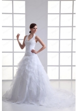 A Line Halter Top Appliques and Ruching Court Train Wedding Dress