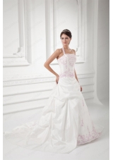 Elegant Halter Top Court Train Wedding Dress with Embroidery and Pick Ups