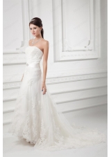 A Line Strapless Beading and Lace Court Train Wedding Dress