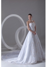 A-line Strapless Appliques Cathedral Train Satin Wedding Dress