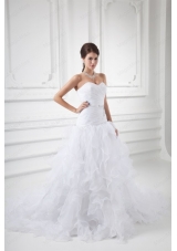 Romantic A Line Sweetheart Court Train Wedding Dress with Beading and Ruffles
