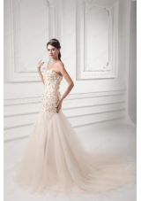 Champagne A Line Sweetheart Court Train Wedding Dress with Appliques