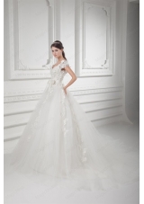 Romantic A Line V Neck Wedding Dress with Appliques and Embroidery