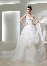 Puffy Sweetheart Pick Ups and Appliques Wedding Dress with Chapel Train