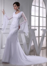 Cheap Column V Neck Lace Chiffon Wedding Dress With Long Sleeves