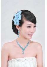 Blue Crystal Round Shaped Jewelry Set Including Necklace And Headflower