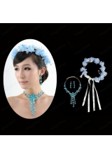 Blue Flowers Rhinestone Jewelry Set Including Necklace And Earrings