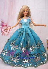 Exclusive Ball Gown Teal Beading Hand Made Flower Barbie Doll Dress