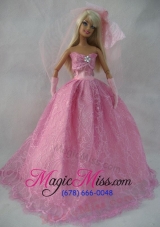 Romantic Rose Pink Strapless Lace Wedding Dress For Barbie Doll