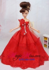 Hand Made Flower and Beading Red Organza Barbie Doll Dress