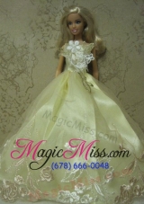 Yellow Green Handmade Dress With Embroidery Gown for Barbie Doll