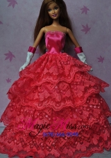 Pretty Red Gown With Ruffled Layers Dress For Barbie Doll
