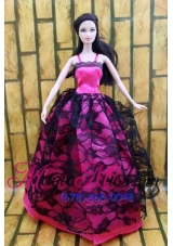 Gorgeous Hot Pink and Black Lace Gown For Barbie Doll