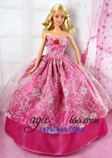 Beautiful Red  Party Tulle Clothes Fashion Dress Hot Pink for Noble Barbie Doll