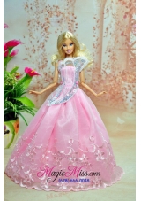 Pink Lovely Party Dress For Barbie Doll Dress With Embroidery
