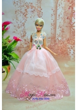 Luxurious Baby Pink Appliques With Flooe-length Wedding Dress For Barbie Doll