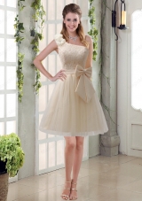 2015 Princess One Shoulder Bowknot Lace Bridesmaid Dresses in Champagne 75.68