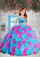 Appliques Pink and Blue Litttle Girl Pageant Dress with Hand Made Flower and Ruffles