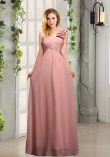 Empire Ruching One Shoulder Bridesmaid Dresses with Hand Made Flowers