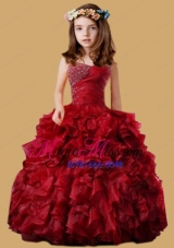 Wine Red Little Girl Pageant Dress with Beading and Ruffled Layers