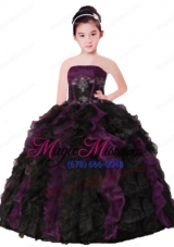 Purple and Black Strapless Appliques and Ruffles Organza Little Girl Pageant Dress