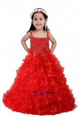 2014 Red A-line Straps Appliques and Ruffles Little Girl Pageant Dress