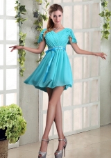 A Line Ruching and Belt V Neck Bridesmaid Dress with Cap Sleeves