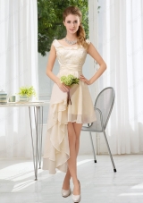 Scoop Lace High Low Short Sleeves Bridesmaid Dress