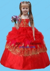 Strapless Lace Appliques Long Little Girl Pageant Dress in Red